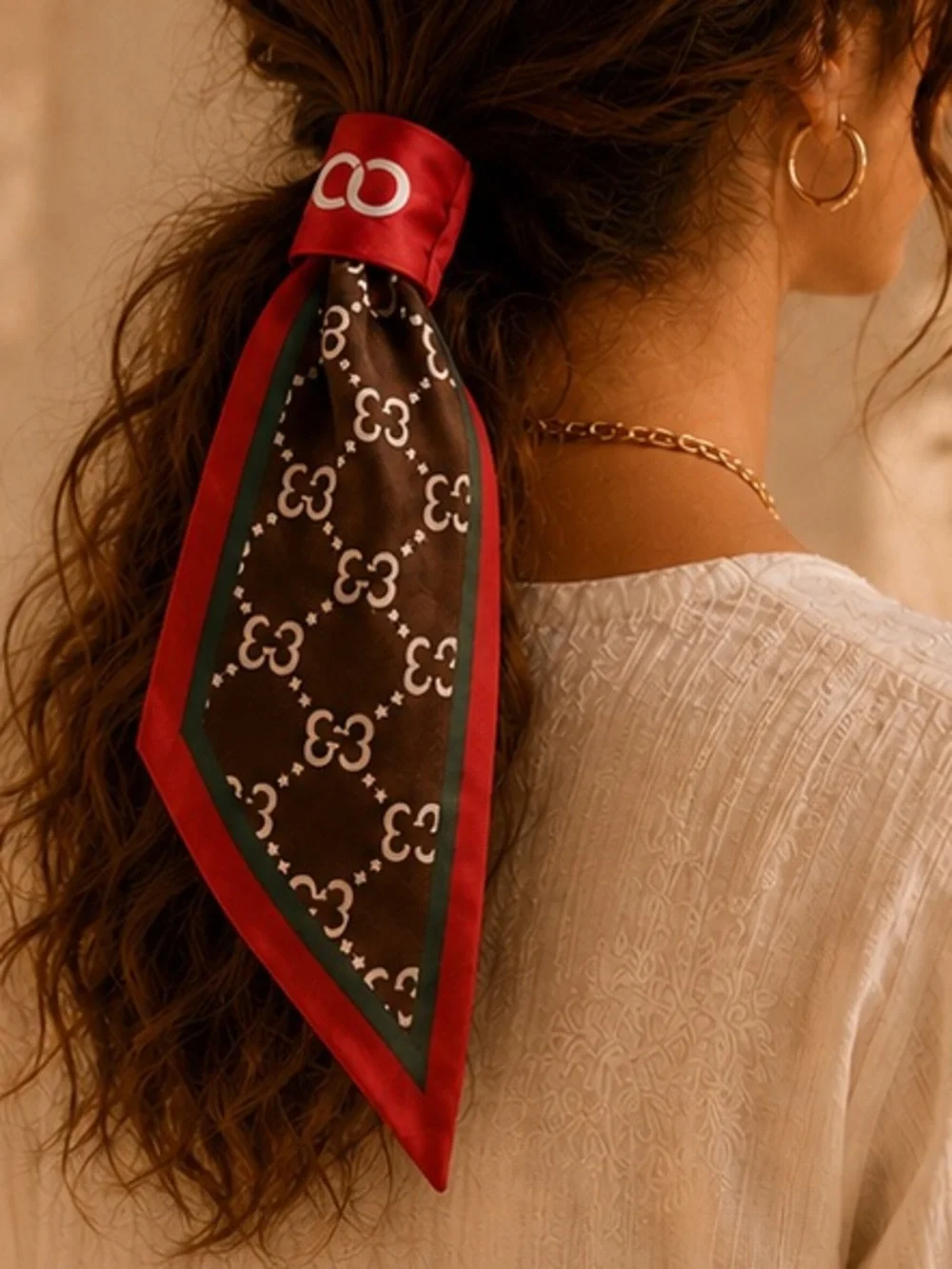 Designer Inspired Twilly Scarf Brown, Red & Green Chain Print Hair Scarf